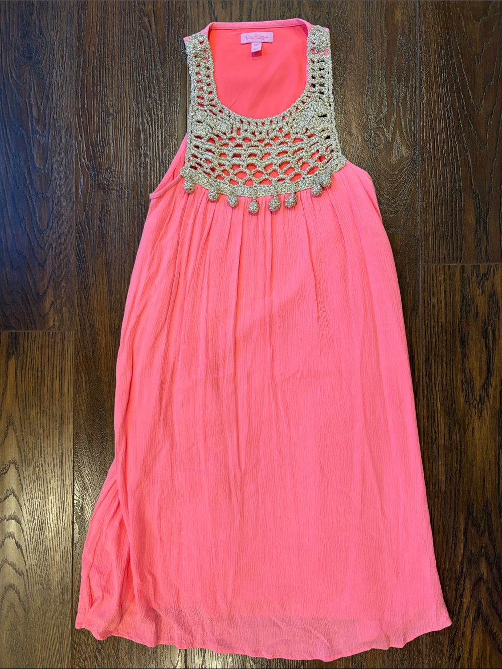 EUC Lilly Pulitzer Hot Pink Maxi Dress with Gold Crochet Yoke